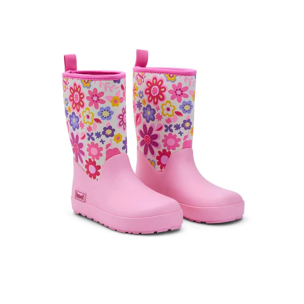 Koel4kids - Neoprene Wellie '25 Fuchsia Flowers - botas de lluvia barefoot con neopreno - Cacles Barefoot