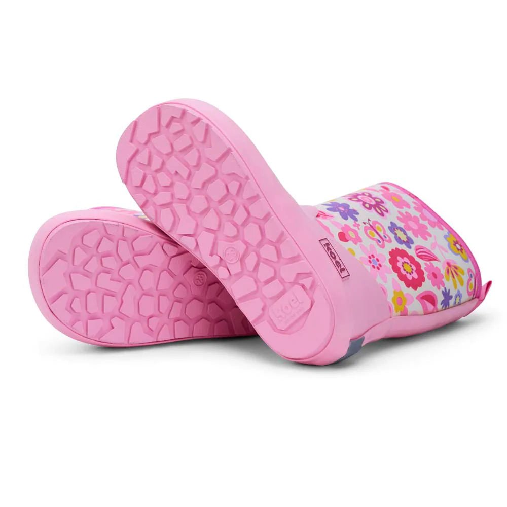Koel4kids - Neoprene Wellie '25 Fuchsia Flowers - botas de lluvia barefoot con neopreno - Cacles Barefoot