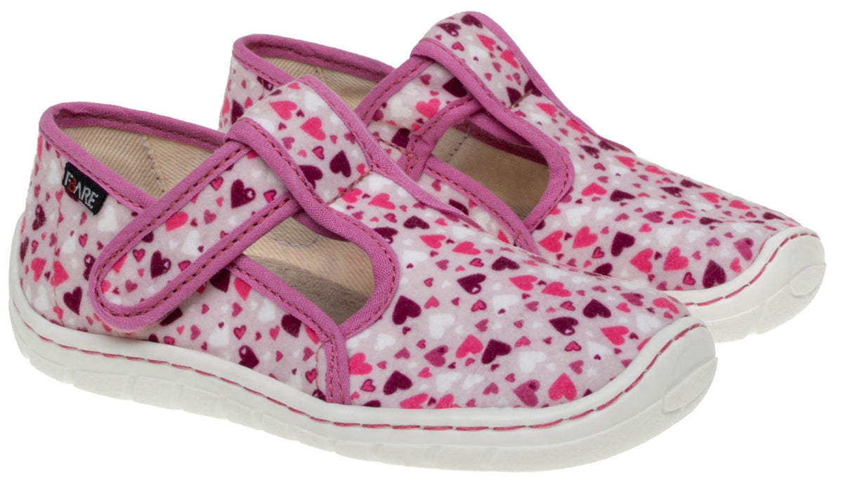 Fare Bare Slippers Pink Hearts - Zapatillas de casa barefoot infantiles rosas con estampado de corazones
