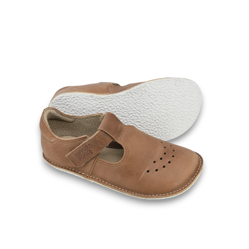 OmaKing Lusti Big Kids Brown - zapatitos barefoot elegantes para niños grandes marrones